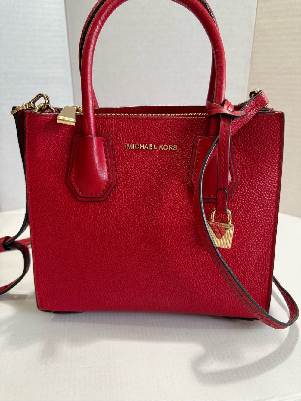 Michael Kors Small Red Pebbled Leather Mini Satchel w Gold Hardware Structured